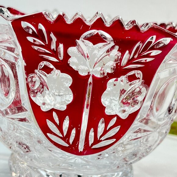 Fifth Avenue Crystal Rosaline Ruby Red Floral Glass Bowl Candy Dish 90' Vintage - Picture 8 of 11